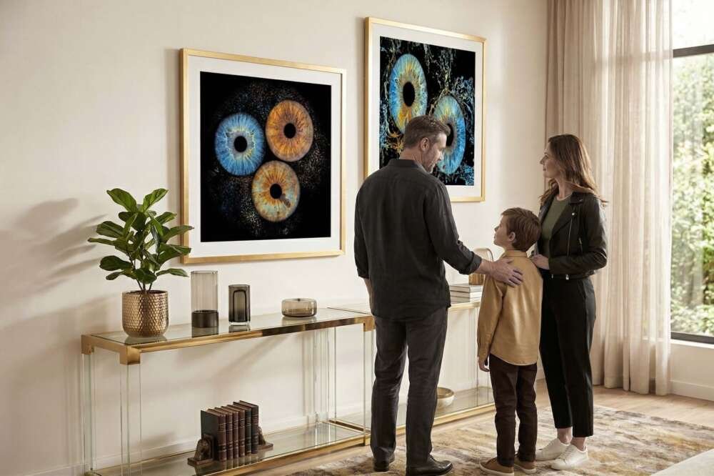 Famille regardant ses portraits d’iris encadrés dans un salon